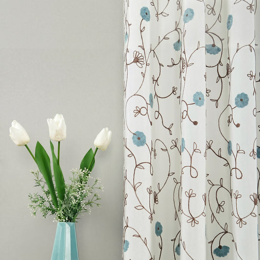Custom-Made Botanical Vine Embroidered Linen Light Filtering Curtains