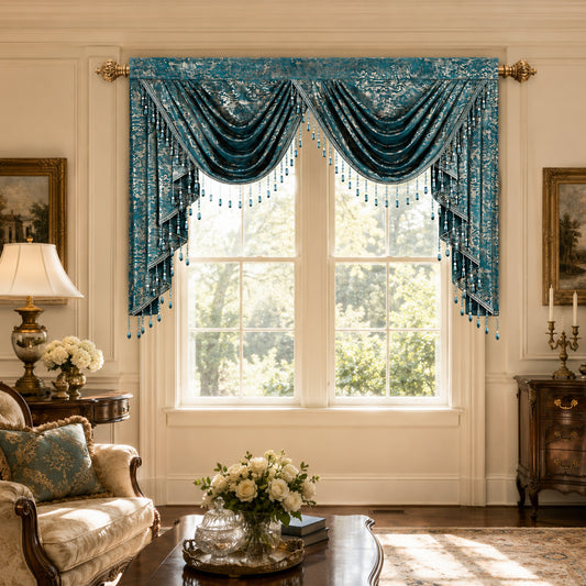 Custom-Made Gold Foil Velvet Waterfall Valance
