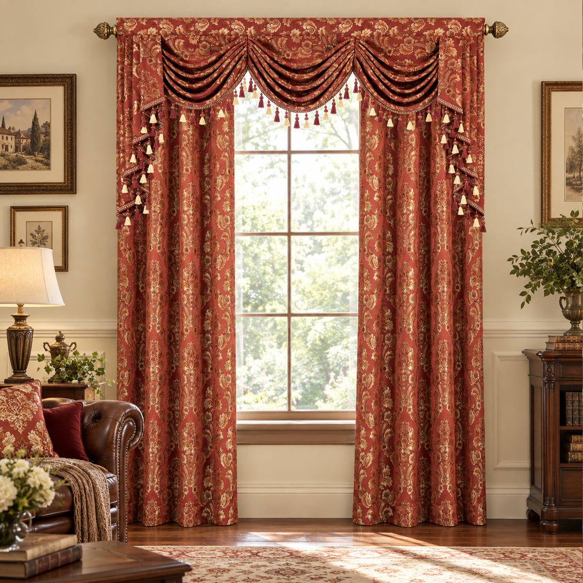 Custom-Made Damask Jacquard Waterfall Valance