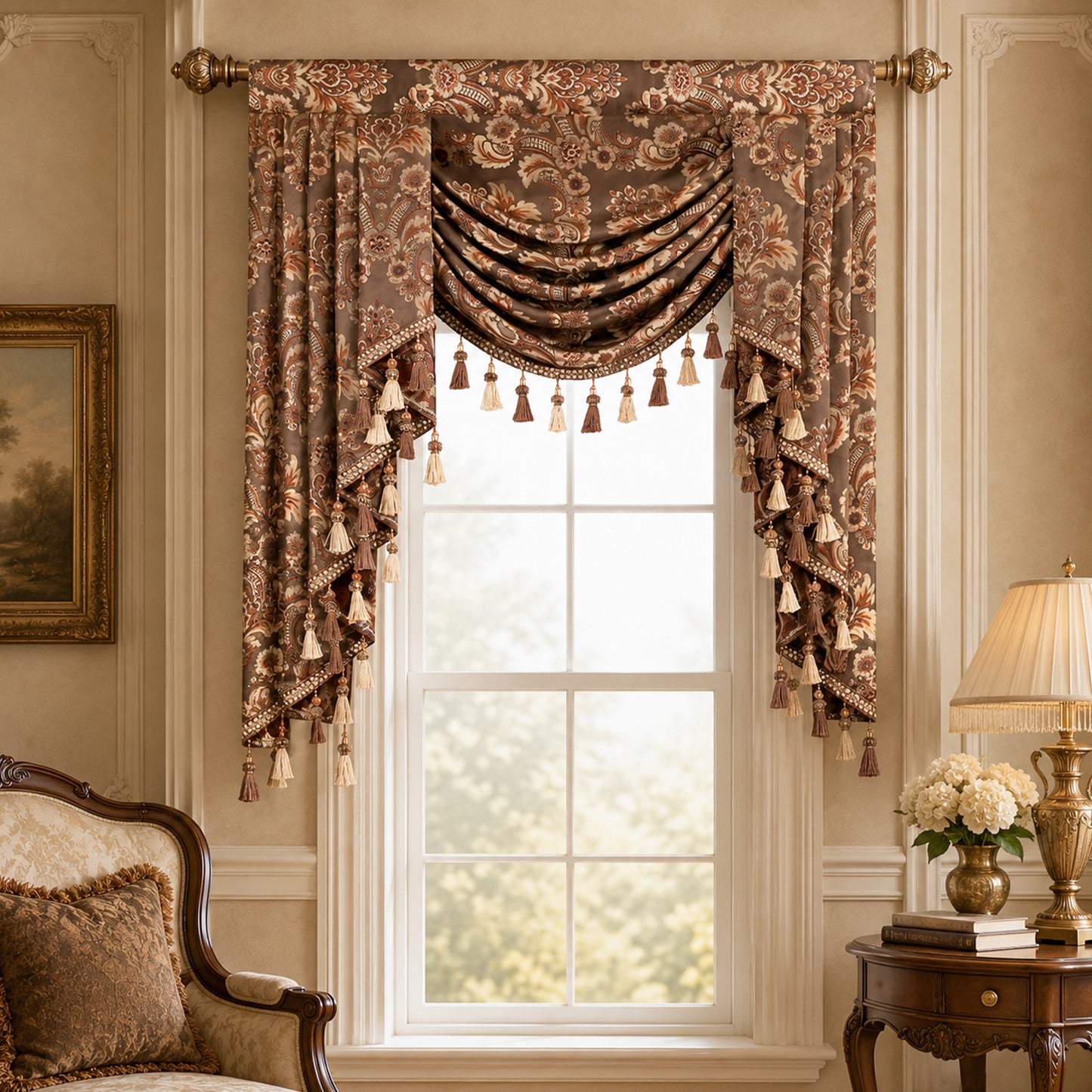 Custom-Made Damask Jacquard Waterfall Valance