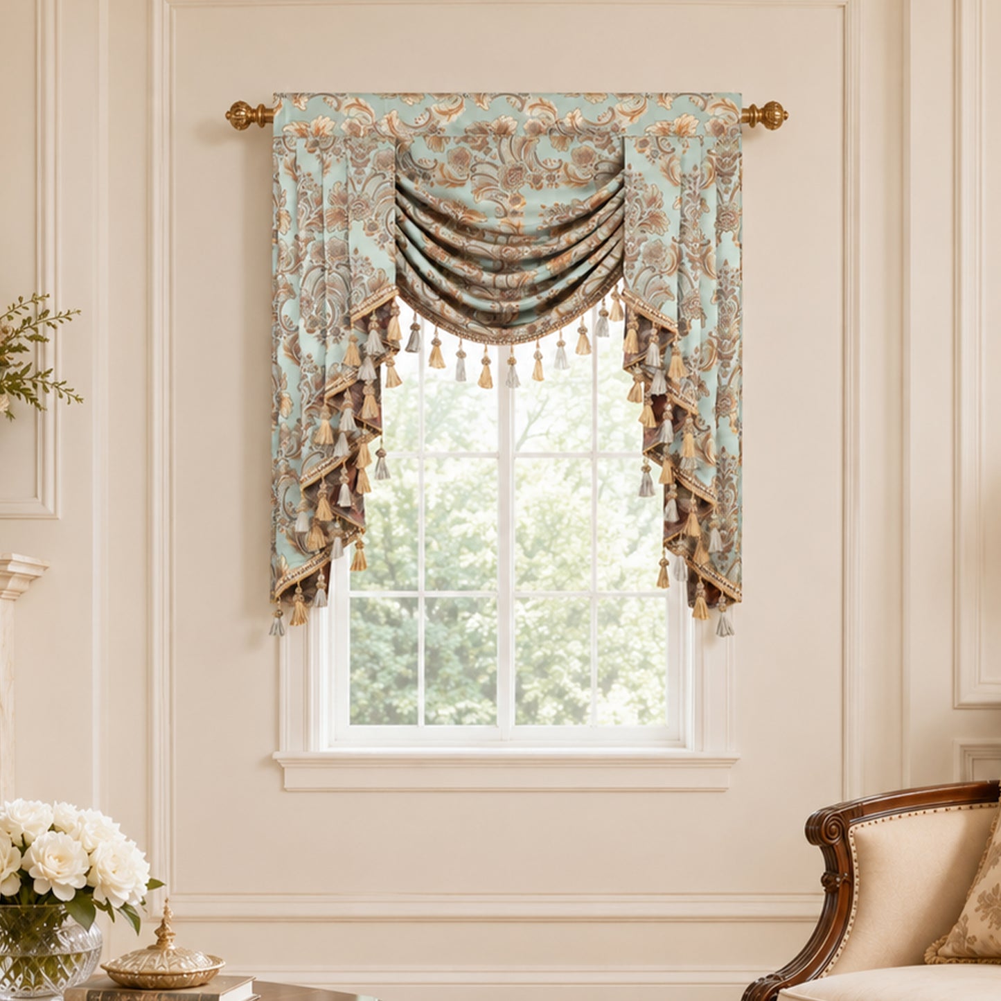 Custom-Made Damask Jacquard Waterfall Valance