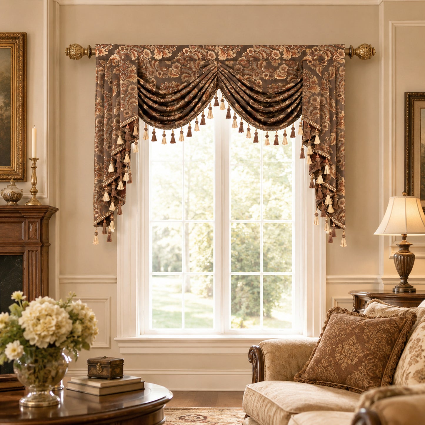 Custom-Made Damask Jacquard Waterfall Valance