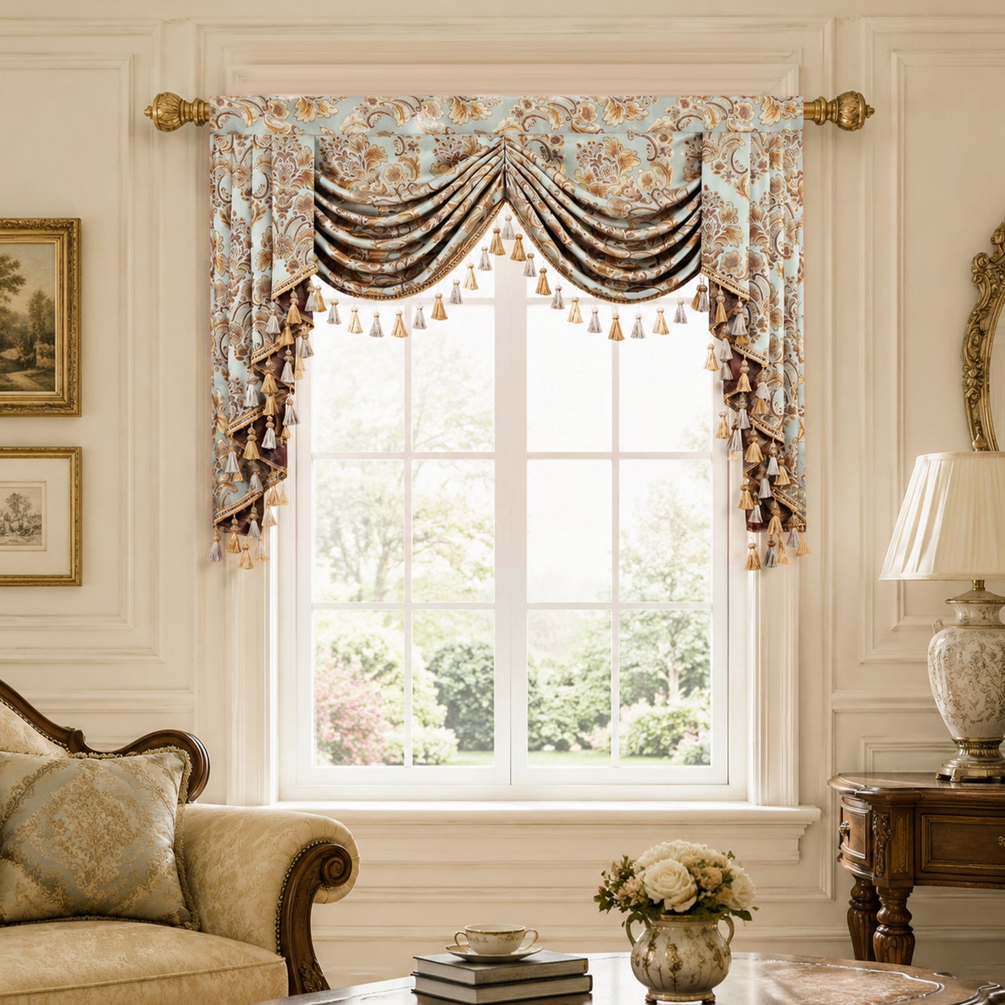 Custom-Made Damask Jacquard Waterfall Valance