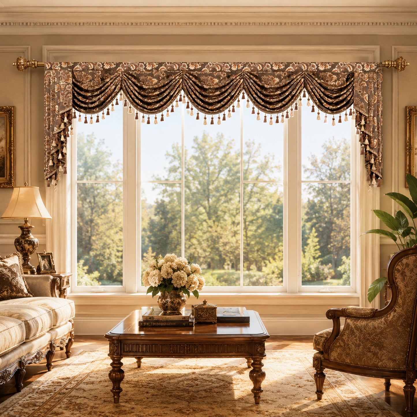 Custom-Made Damask Jacquard Waterfall Valance