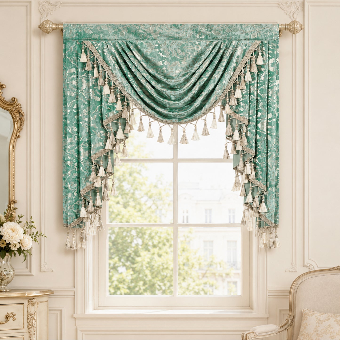 Custom-Made Gold Foil Velvet Waterfall Valance