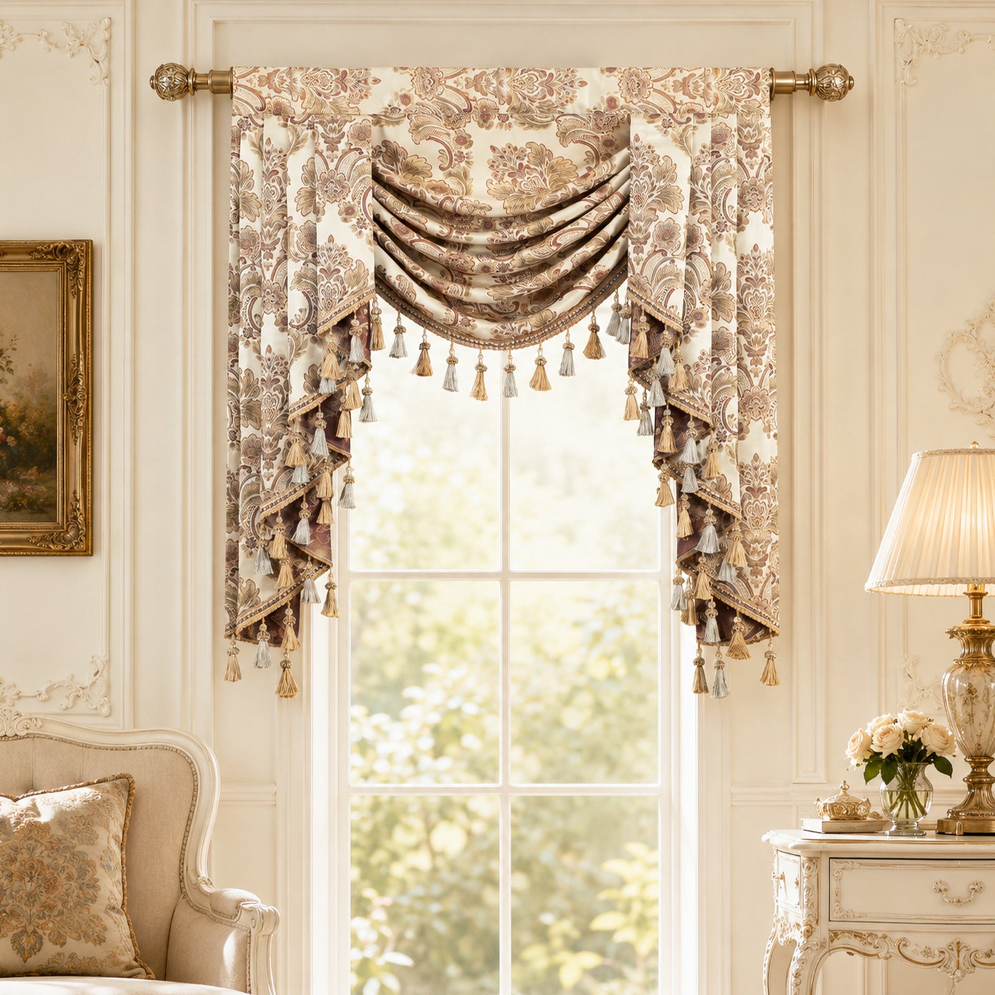 Custom-Made Damask Jacquard Waterfall Valance