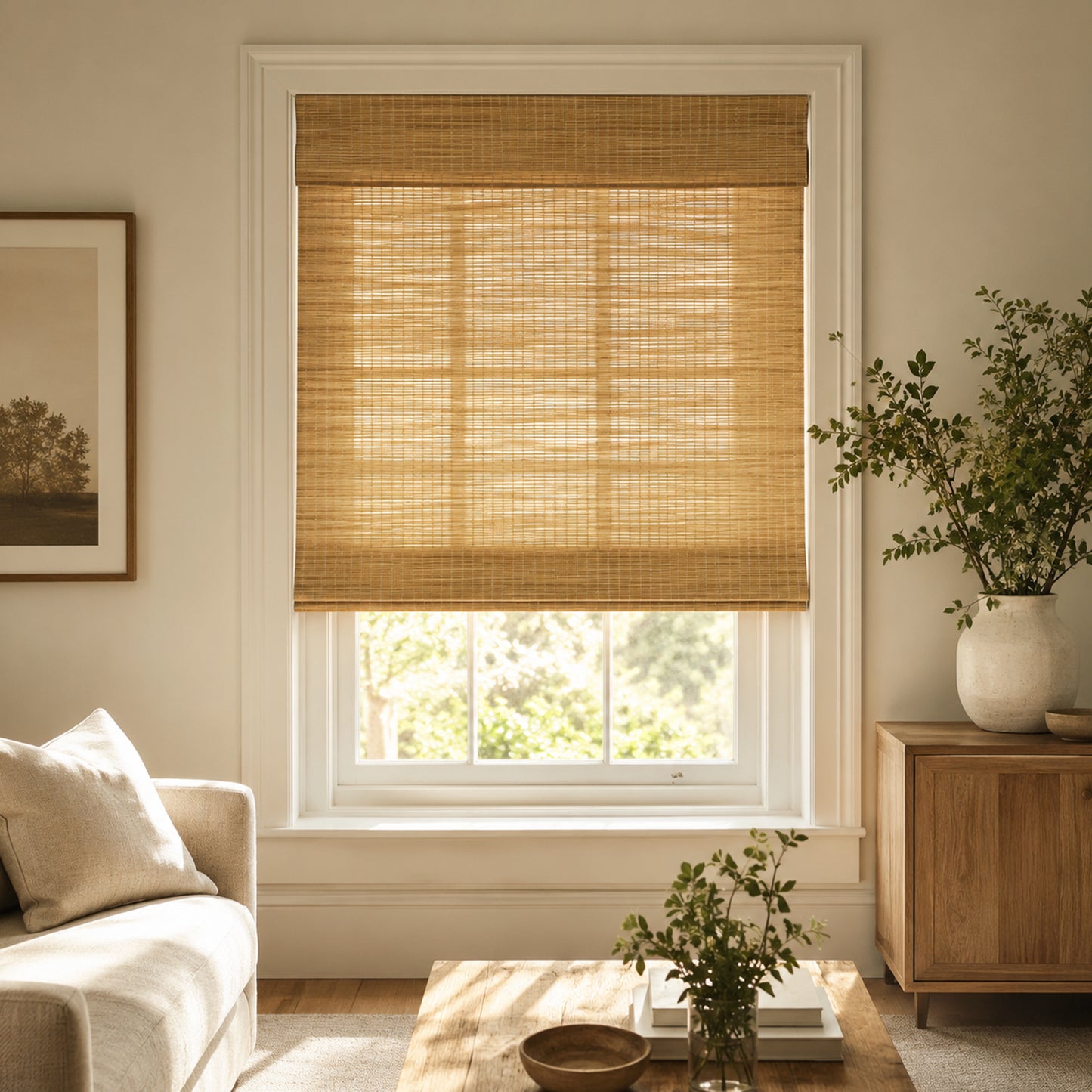 Custom-Made Cordless Natural Bamboo Roman Shades