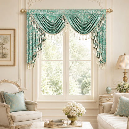 Custom-Made Gold Foil Velvet Waterfall Valance