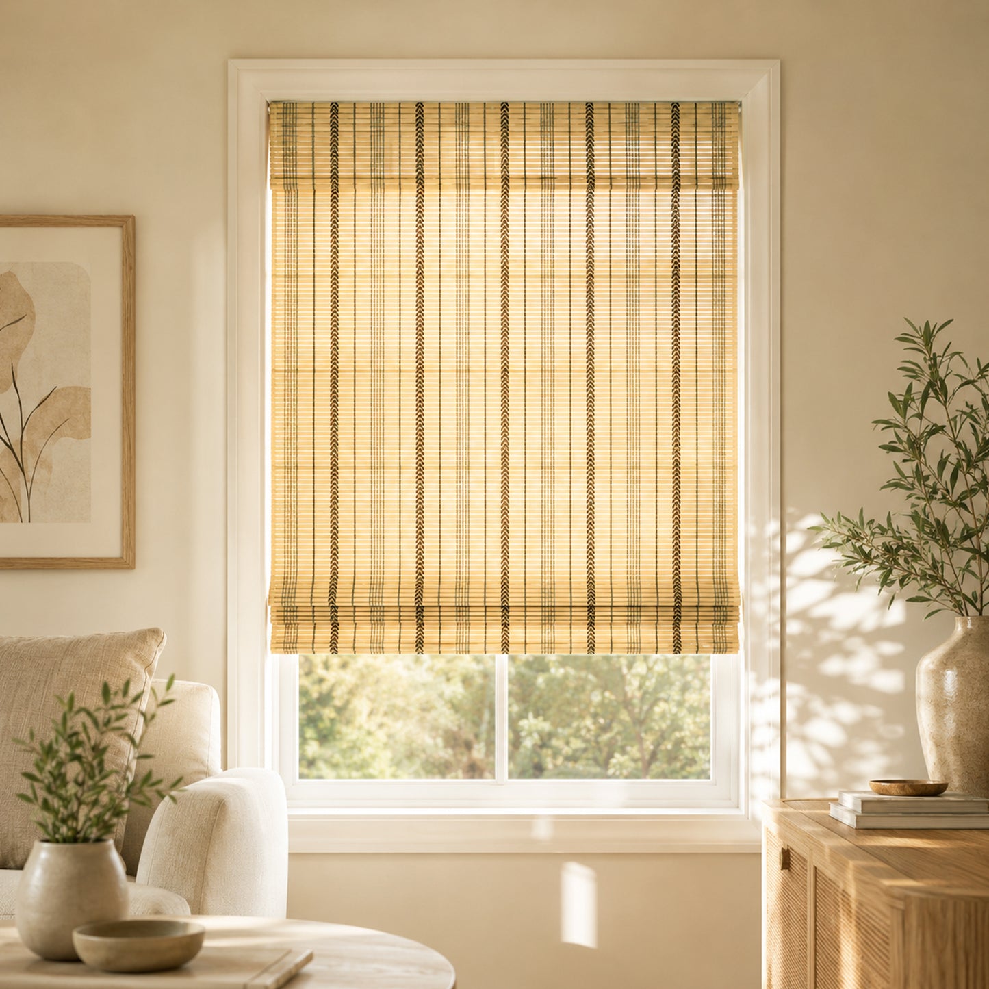 Custom-Made Cordless Natural Bamboo Roman Shades