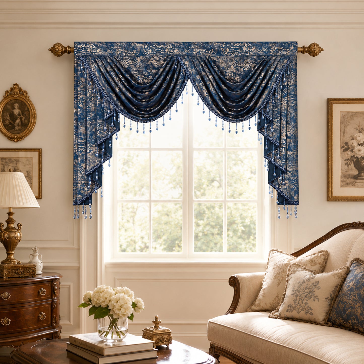 Custom-Made Gold Foil Velvet Waterfall Valance