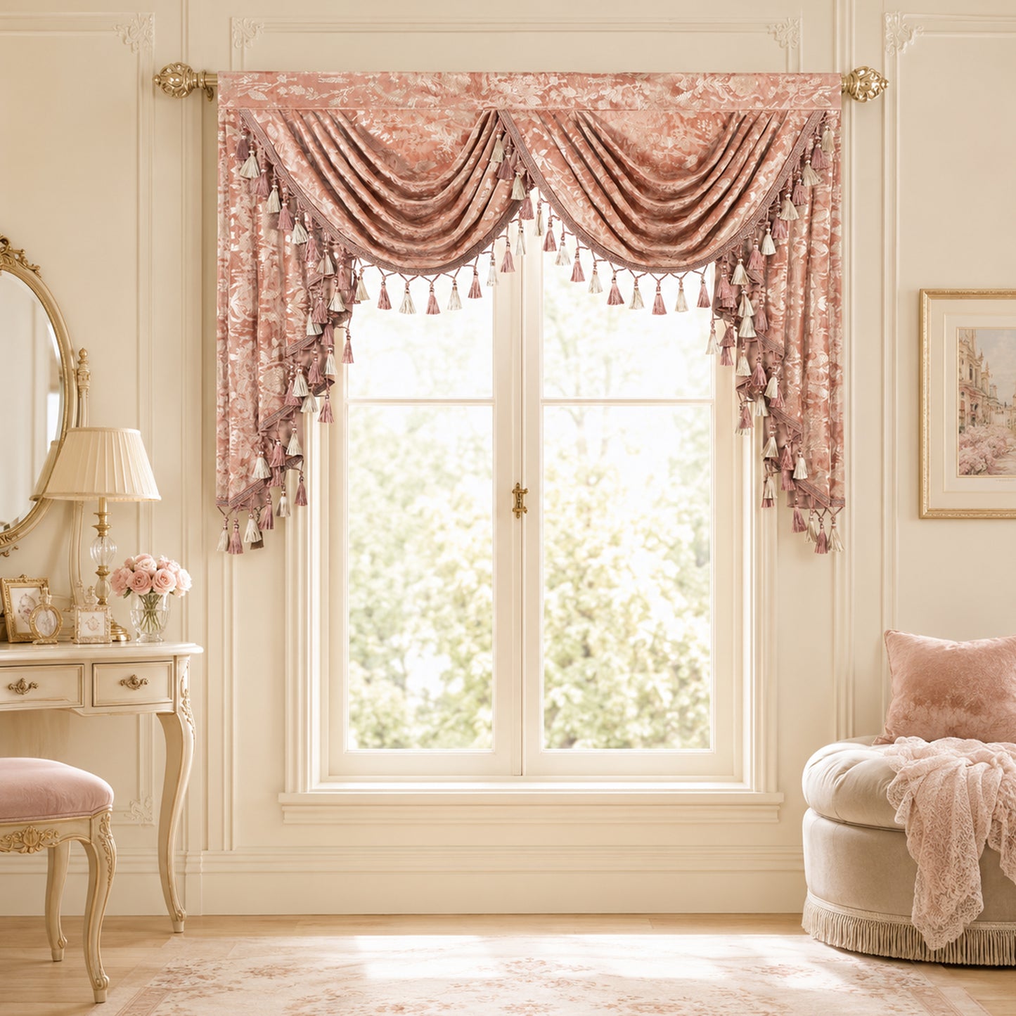 Custom-Made Gold Foil Velvet Waterfall Valance