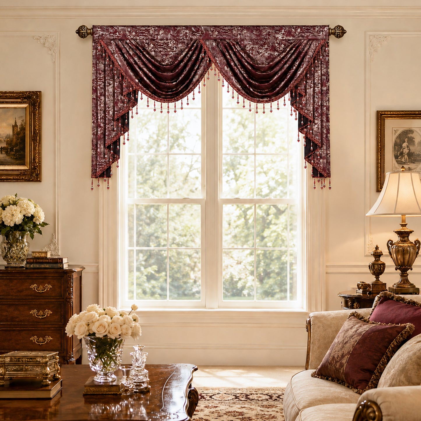 Custom-Made Gold Foil Velvet Waterfall Valance