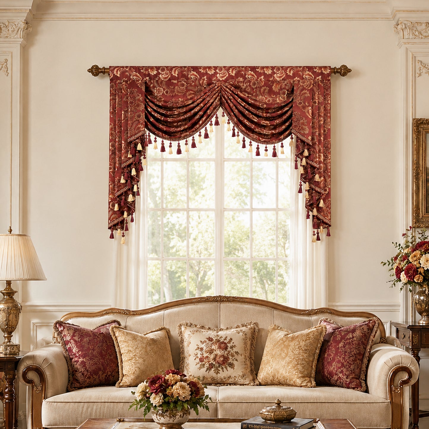 Custom-Made Damask Jacquard Waterfall Valance