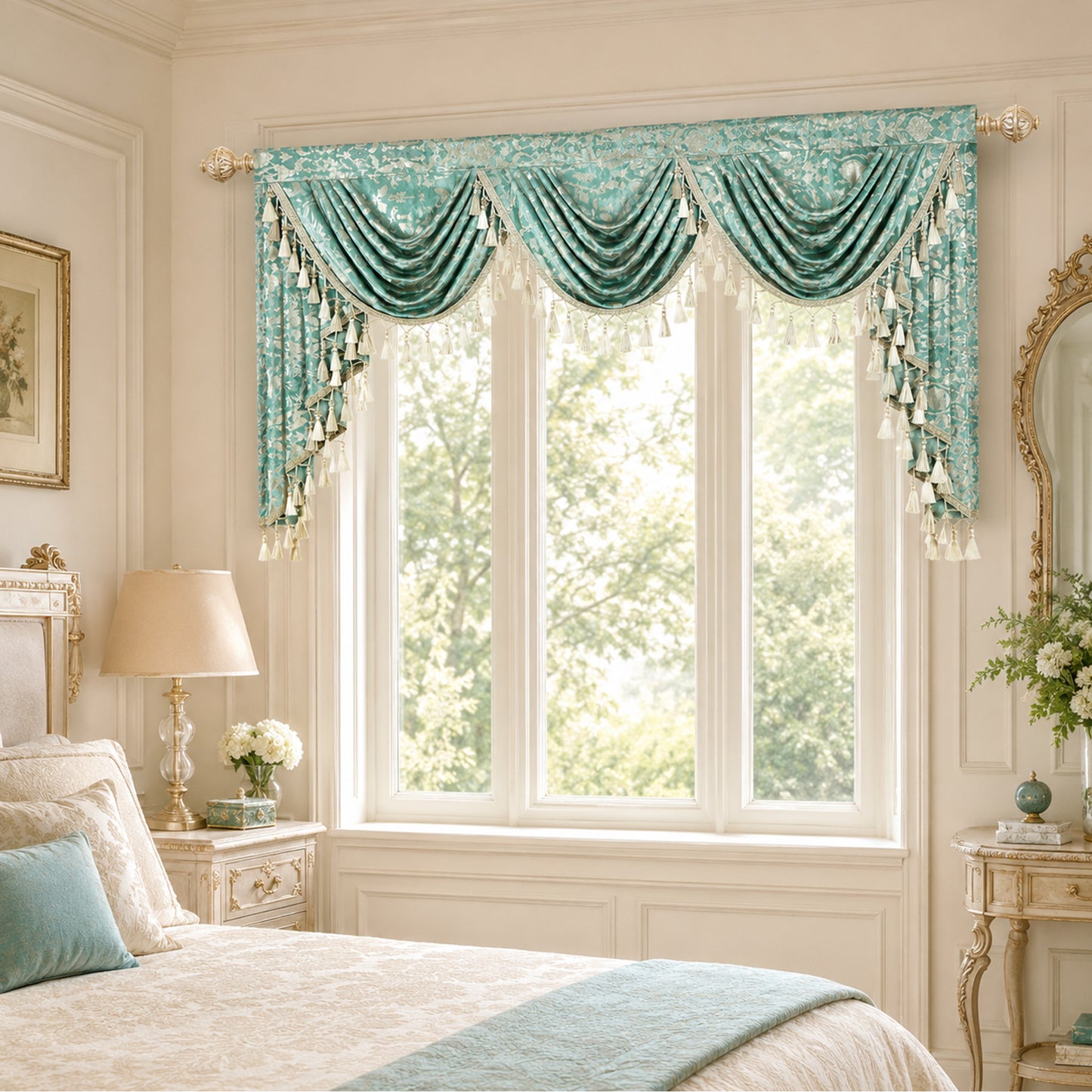 Custom-Made Gold Foil Velvet Waterfall Valance