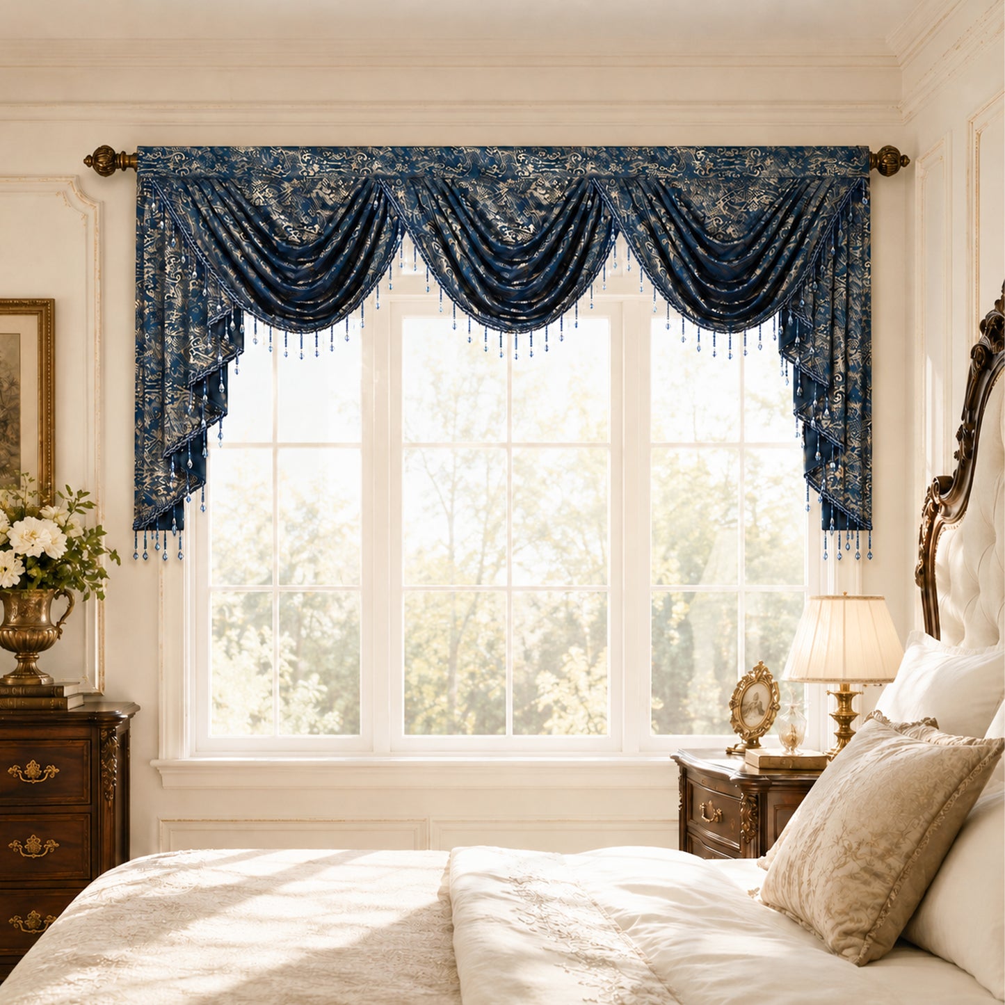 Custom-Made Gold Foil Velvet Waterfall Valance