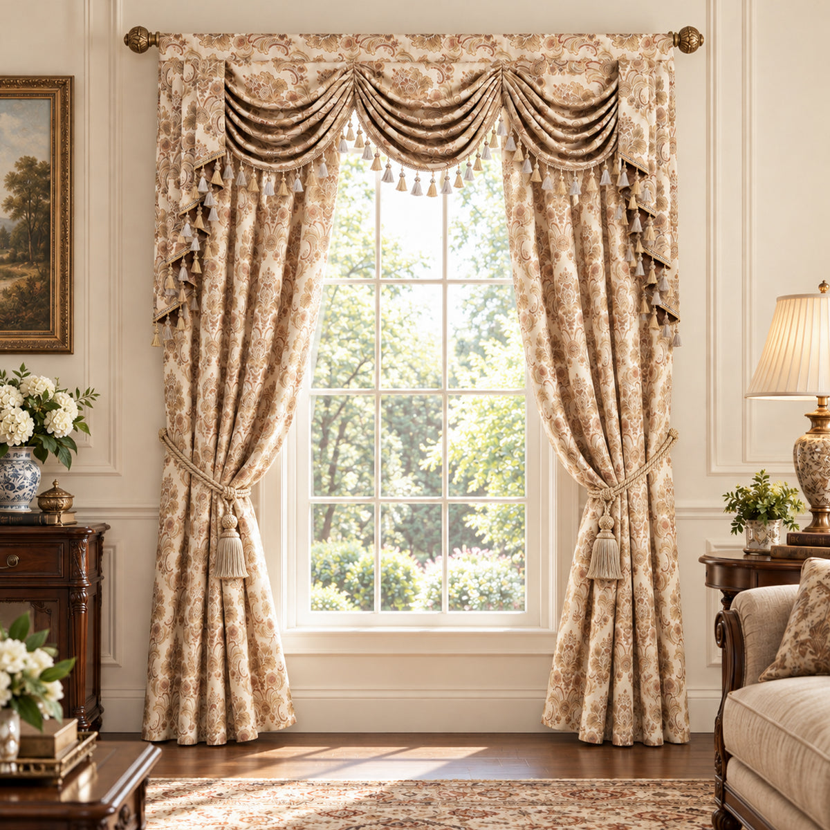 Custom-Made Damask Jacquard Waterfall Valance