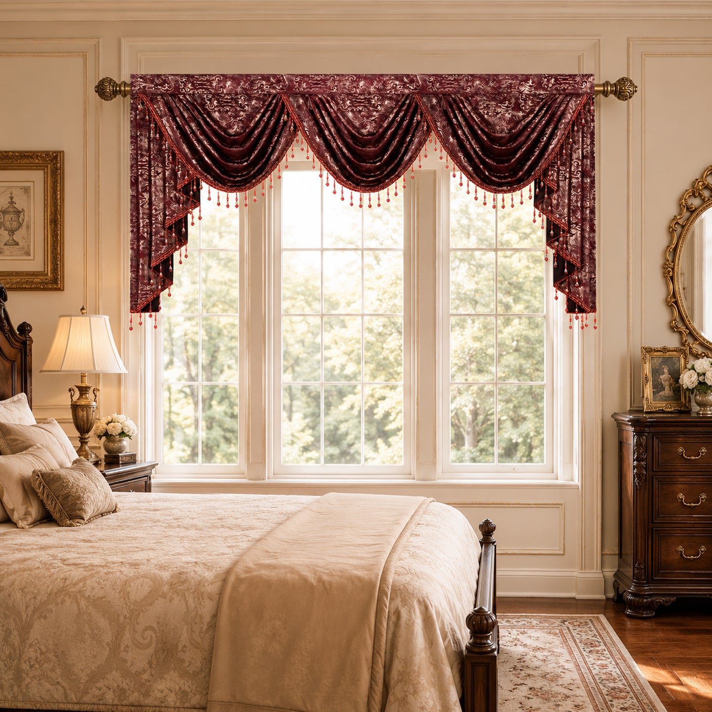 Custom-Made Gold Foil Velvet Waterfall Valance
