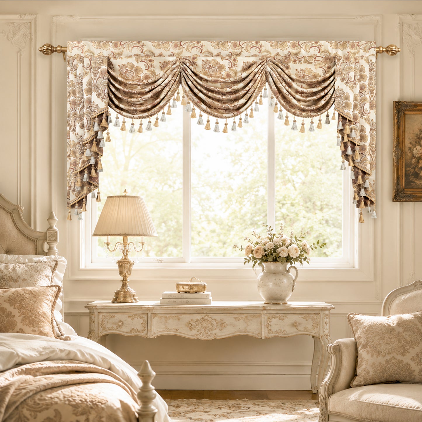 Custom-Made Damask Jacquard Waterfall Valance