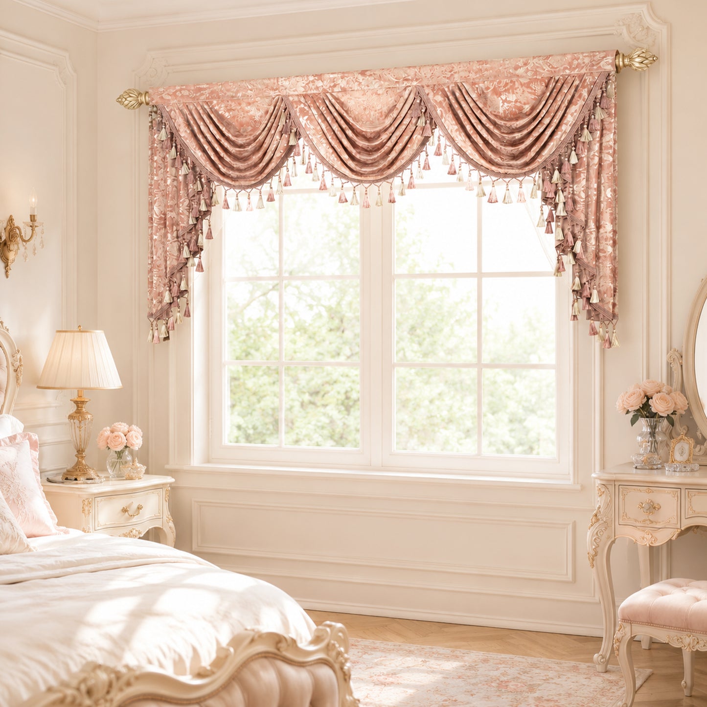 Custom-Made Gold Foil Velvet Waterfall Valance