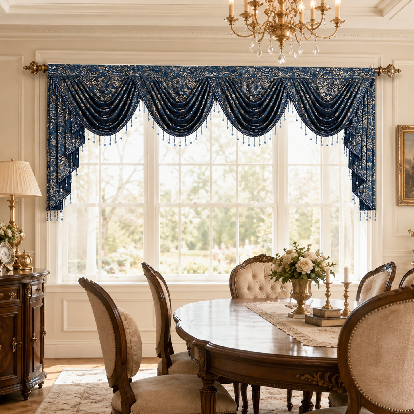 Custom-Made Gold Foil Velvet Waterfall Valance