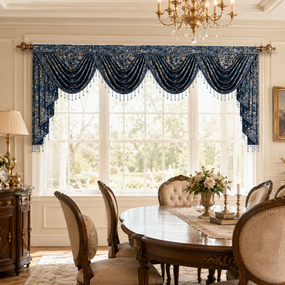 Custom-Made Gold Foil Velvet Waterfall Valance
