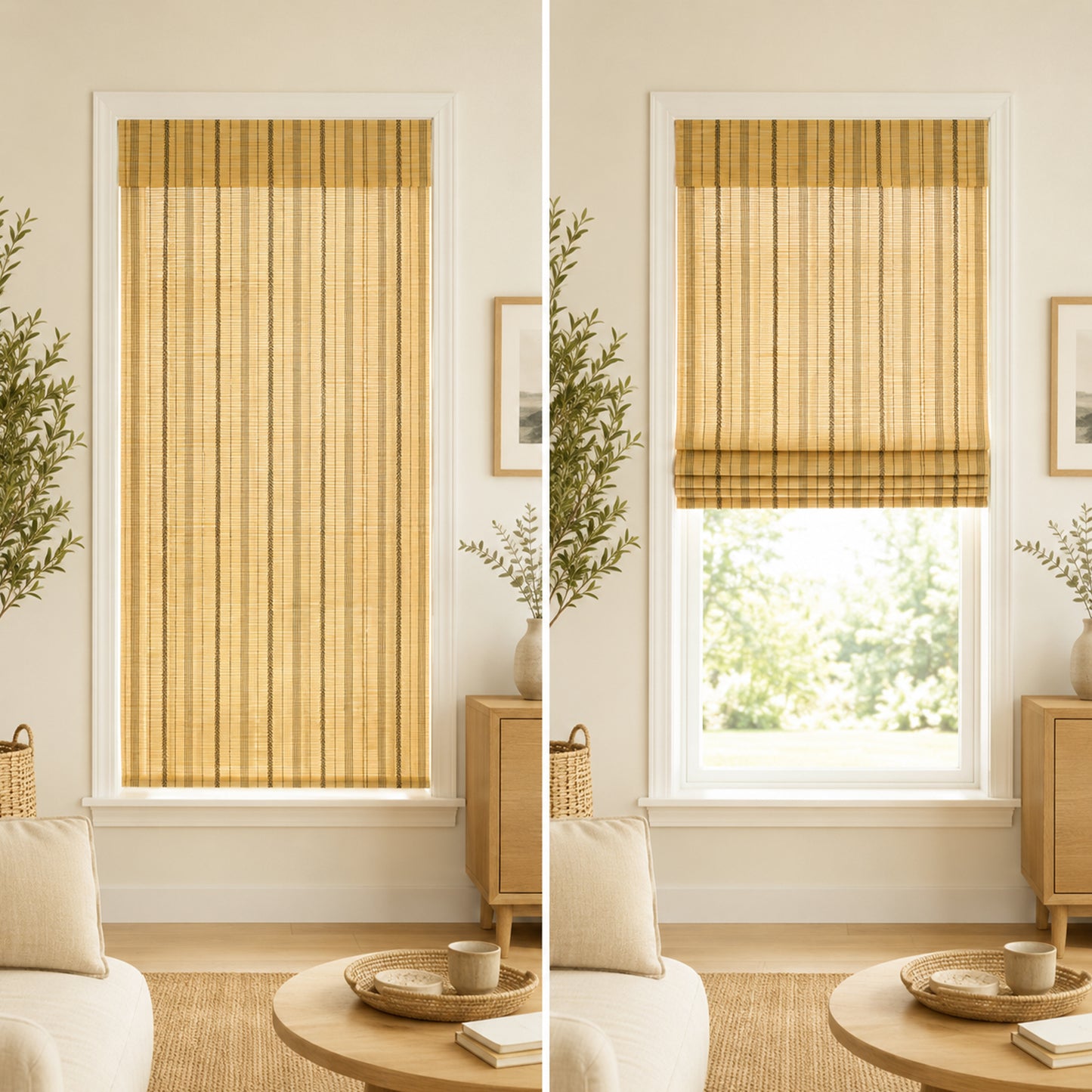 Custom-Made Cordless Natural Bamboo Roman Shades