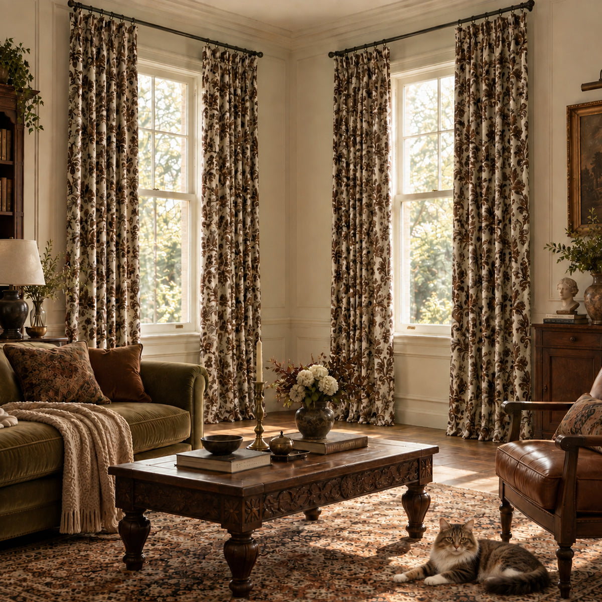Custom-Made Vintage Floral Toile Room Darkening Curtains