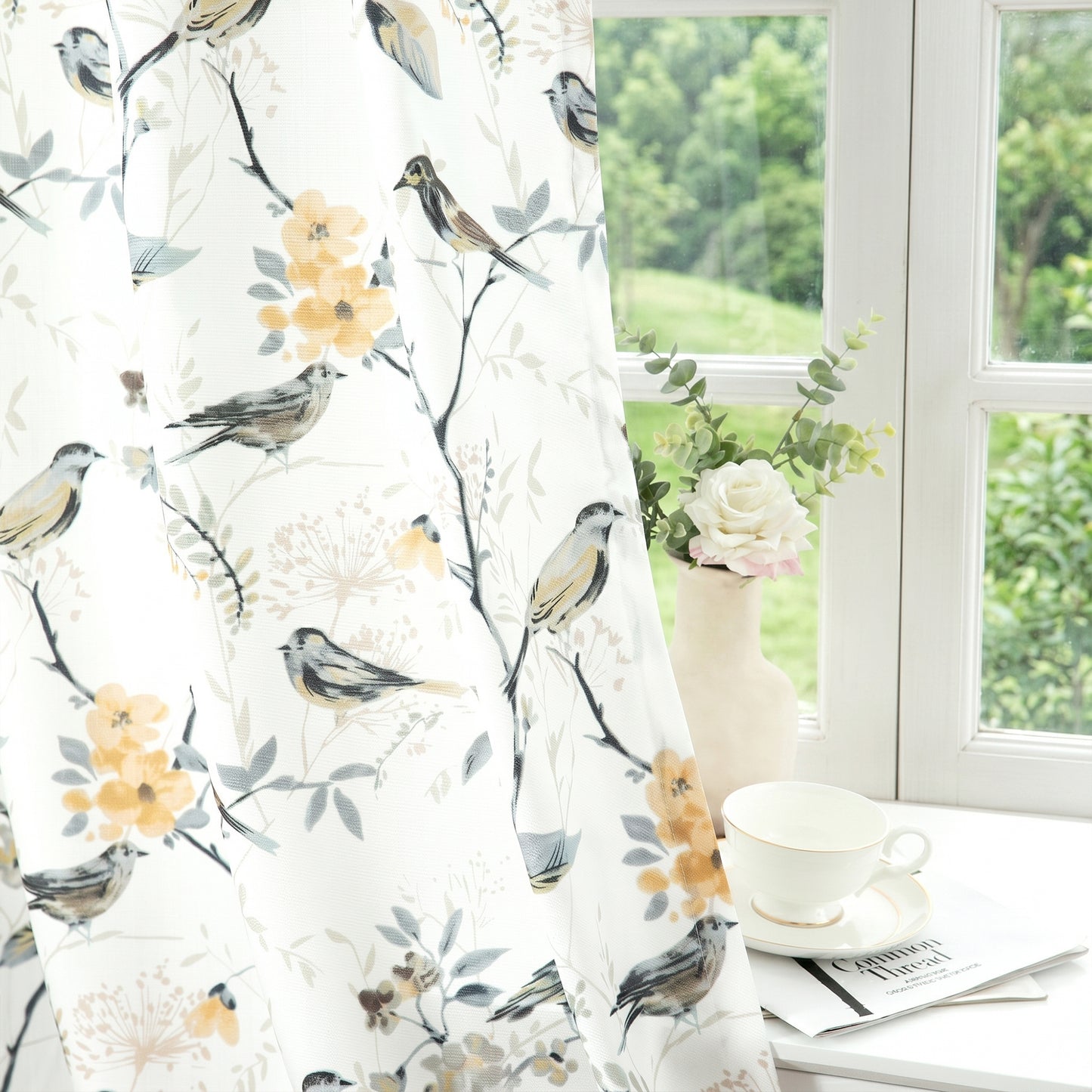 Custom-Made Bird Print Cotton Light Filtering Curtains