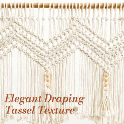 VOGOL Macrame Kitchen Window Valance with Beads, Handmade Cotton Woven Curtain for Wall Window Décor, 52" x 21"
