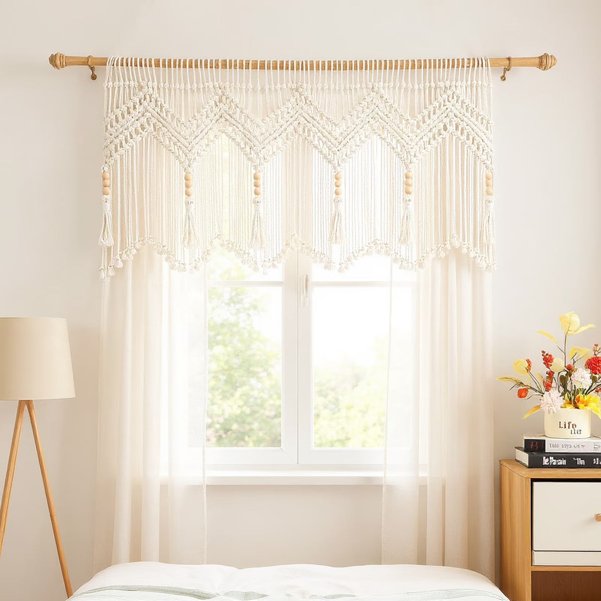 VOGOL Macrame Kitchen Window Valance with Beads, Handmade Cotton Woven Curtain for Wall Window Décor, 52" x 21"