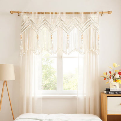 VOGOL Macrame Kitchen Window Valance with Beads, Handmade Cotton Woven Curtain for Wall Window Décor, 52" x 21"
