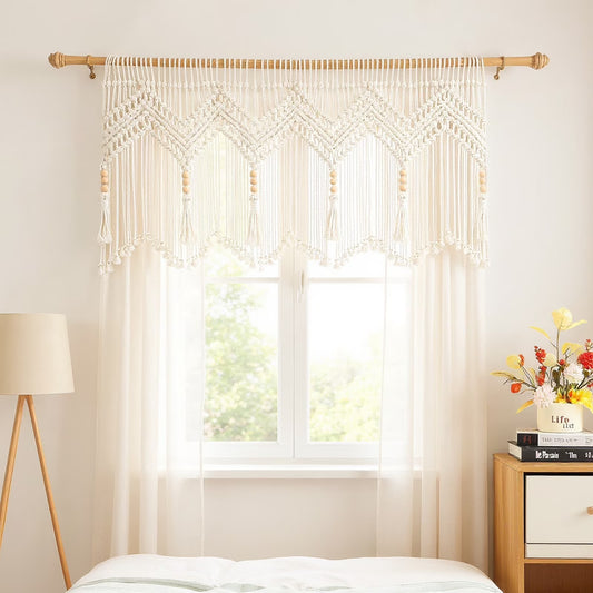 VOGOL Macrame Kitchen Window Valance with Beads, Handmade Cotton Woven Curtain for Wall Window Décor, 52" x 21"