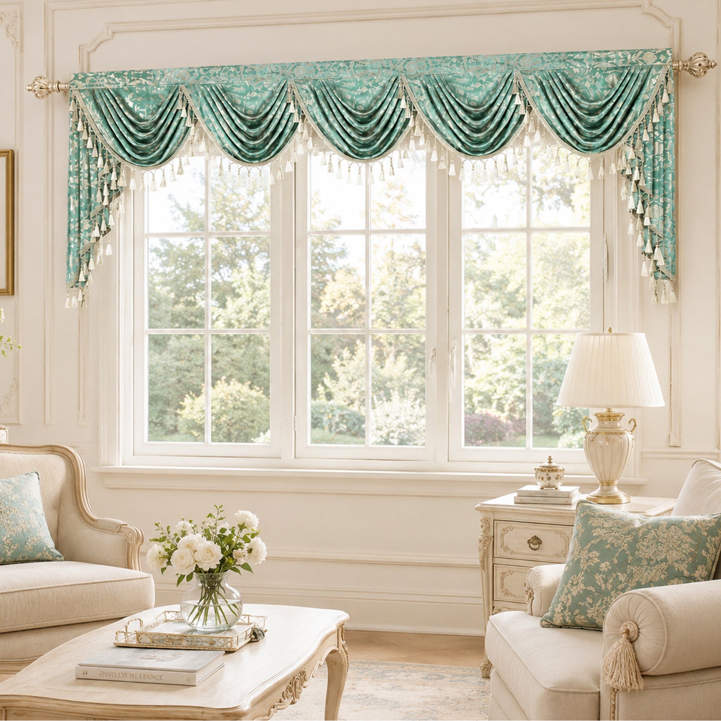 Custom-Made Gold Foil Velvet Waterfall Valance
