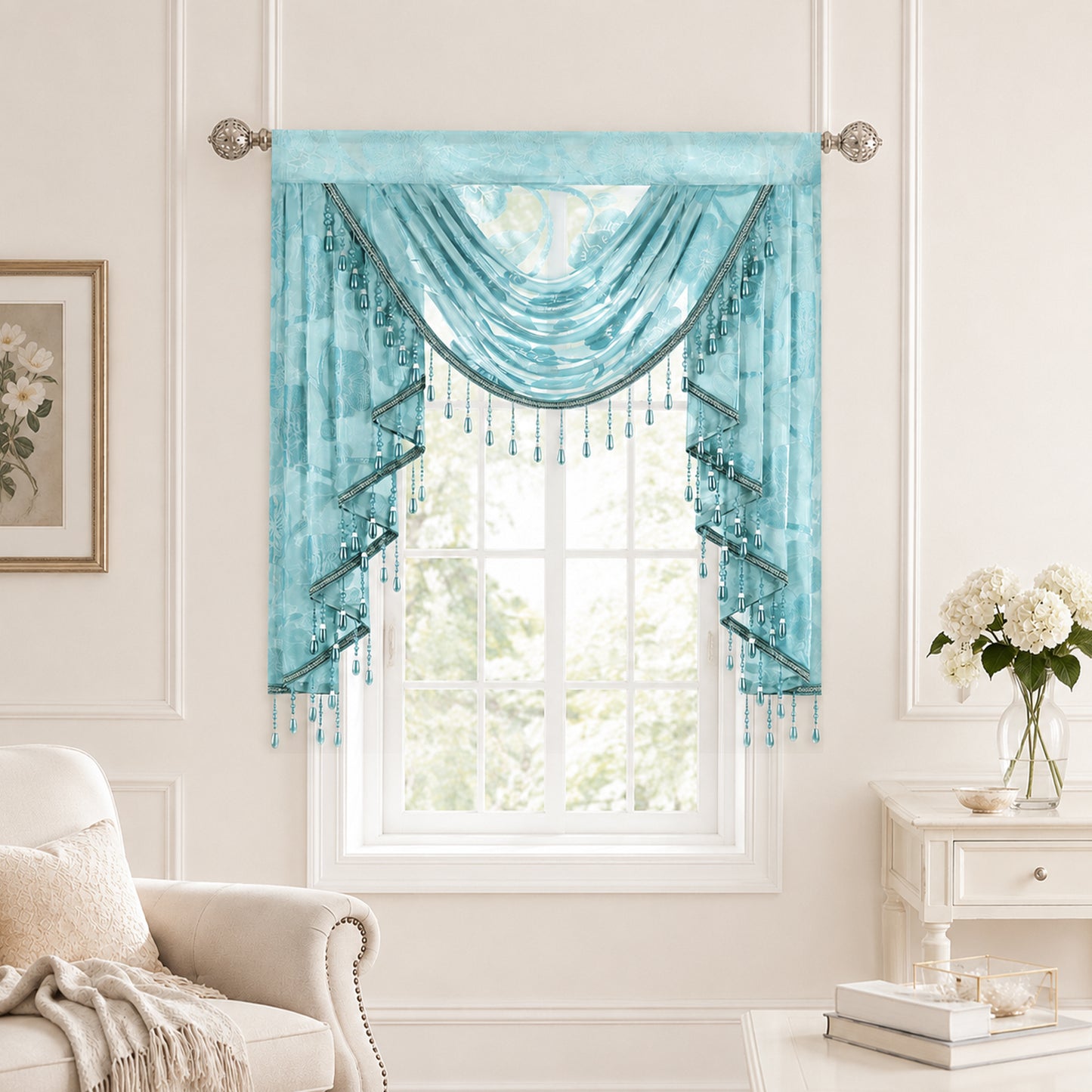 Custom-Made Vintage Jacquard Sheer Waterfall Valance