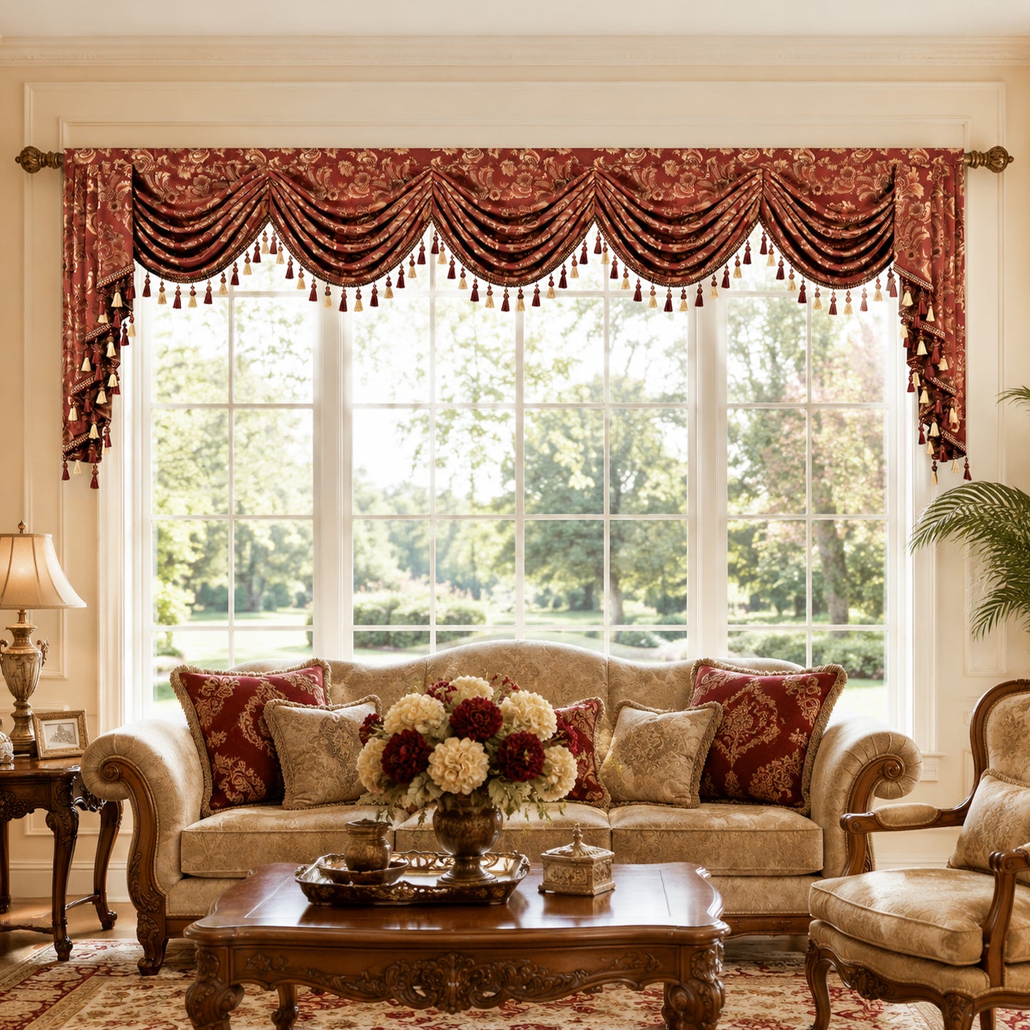 Custom-Made Damask Jacquard Waterfall Valance