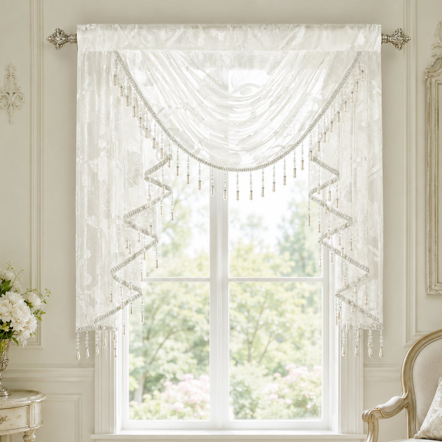Custom-Made Vintage Jacquard Sheer Waterfall Valance