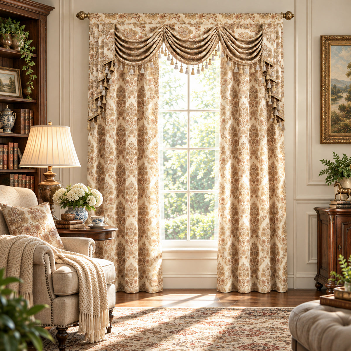 Custom-Made Damask Jacquard Waterfall Valance