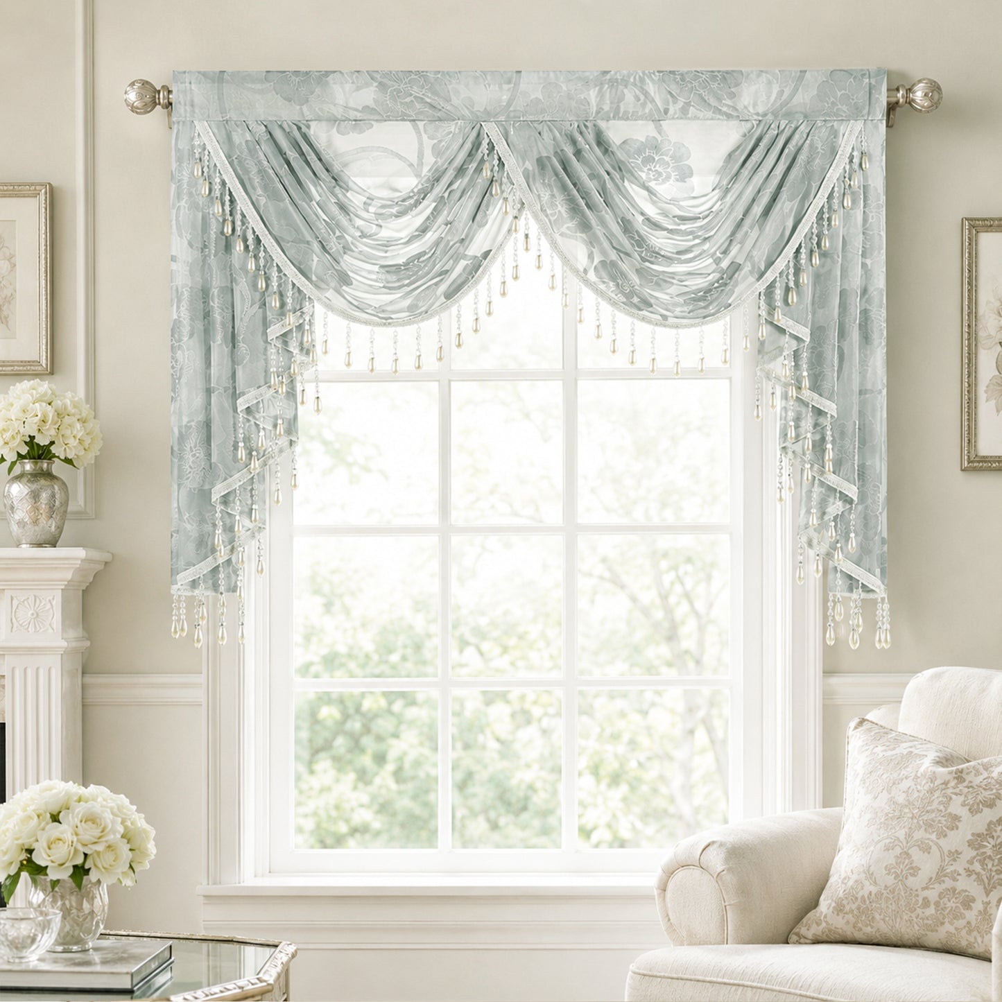 Custom-Made Vintage Jacquard Sheer Waterfall Valance