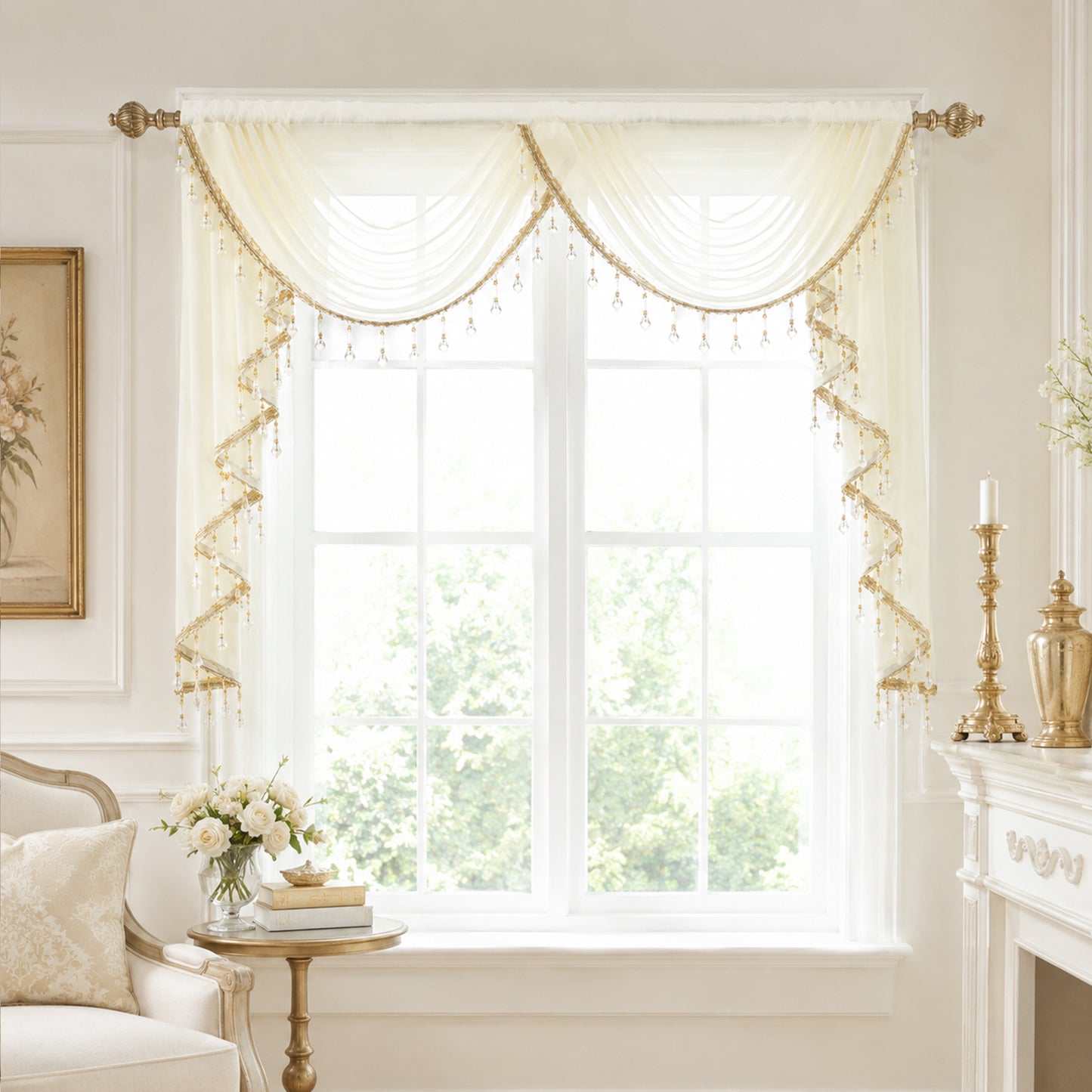 Custom-Made Vintage Jacquard Sheer Waterfall Valance