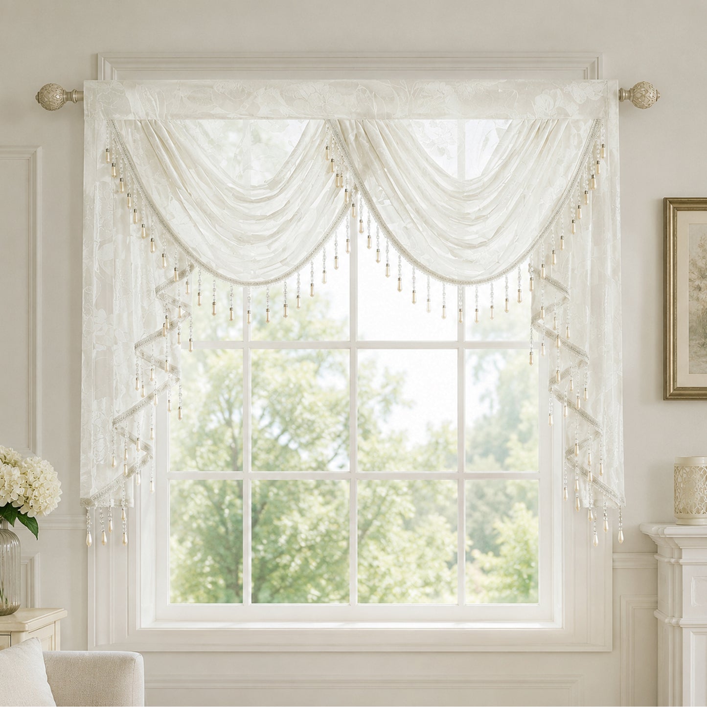 Custom-Made Vintage Jacquard Sheer Waterfall Valance