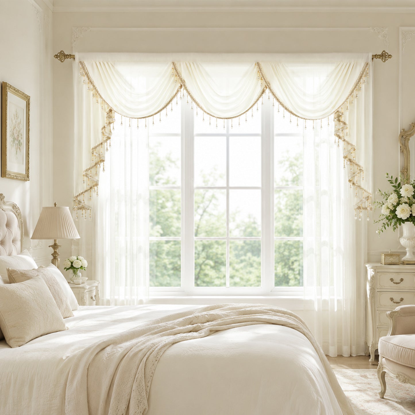 Custom-Made Vintage Jacquard Sheer Waterfall Valance