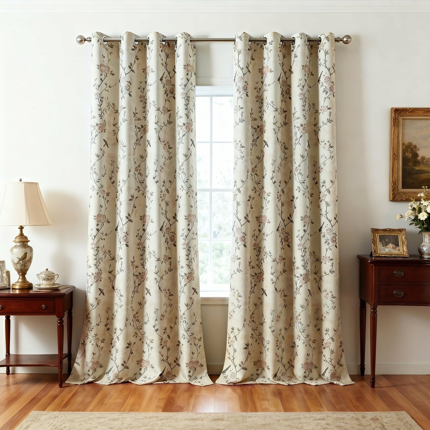 Custom-Made Vintage French Rose Floral Print Room Darkening Curtains