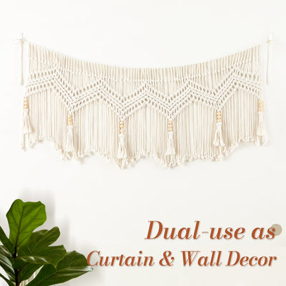 VOGOL Macrame Kitchen Window Valance with Beads, Handmade Cotton Woven Curtain for Wall Window Décor, 52" x 21"