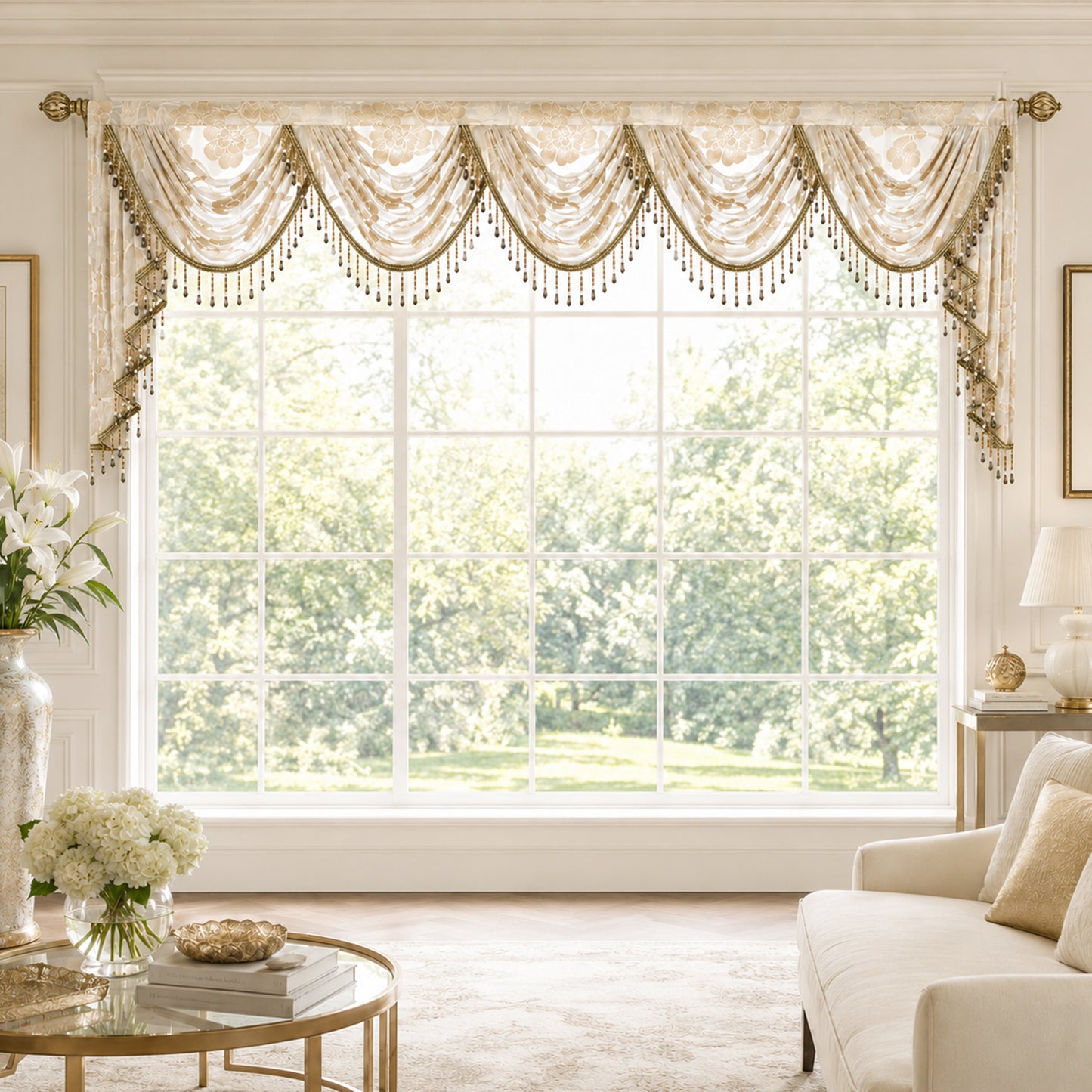 Custom-Made Vintage Jacquard Sheer Waterfall Valance