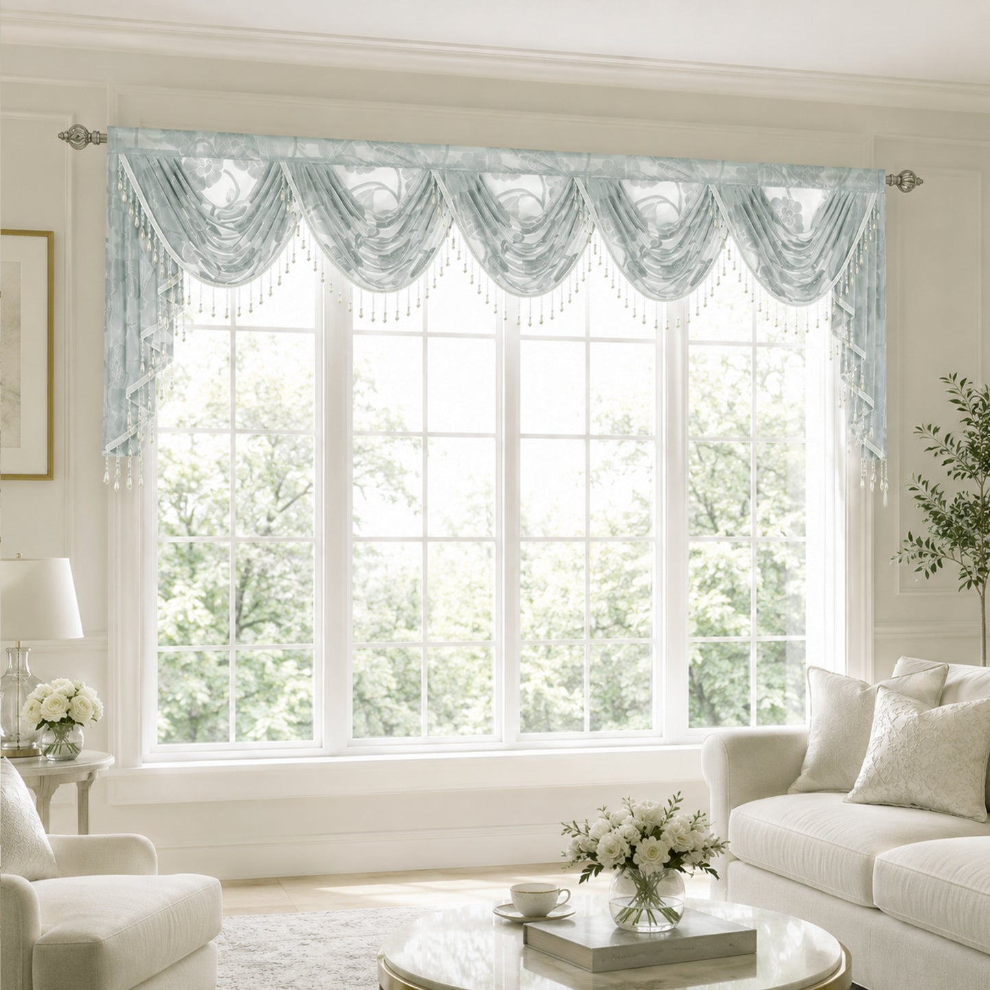 Custom-Made Vintage Jacquard Sheer Waterfall Valance