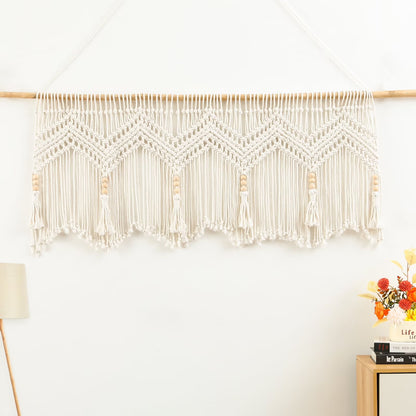 VOGOL Macrame Kitchen Window Valance with Beads, Handmade Cotton Woven Curtain for Wall Window Décor, 52" x 21"