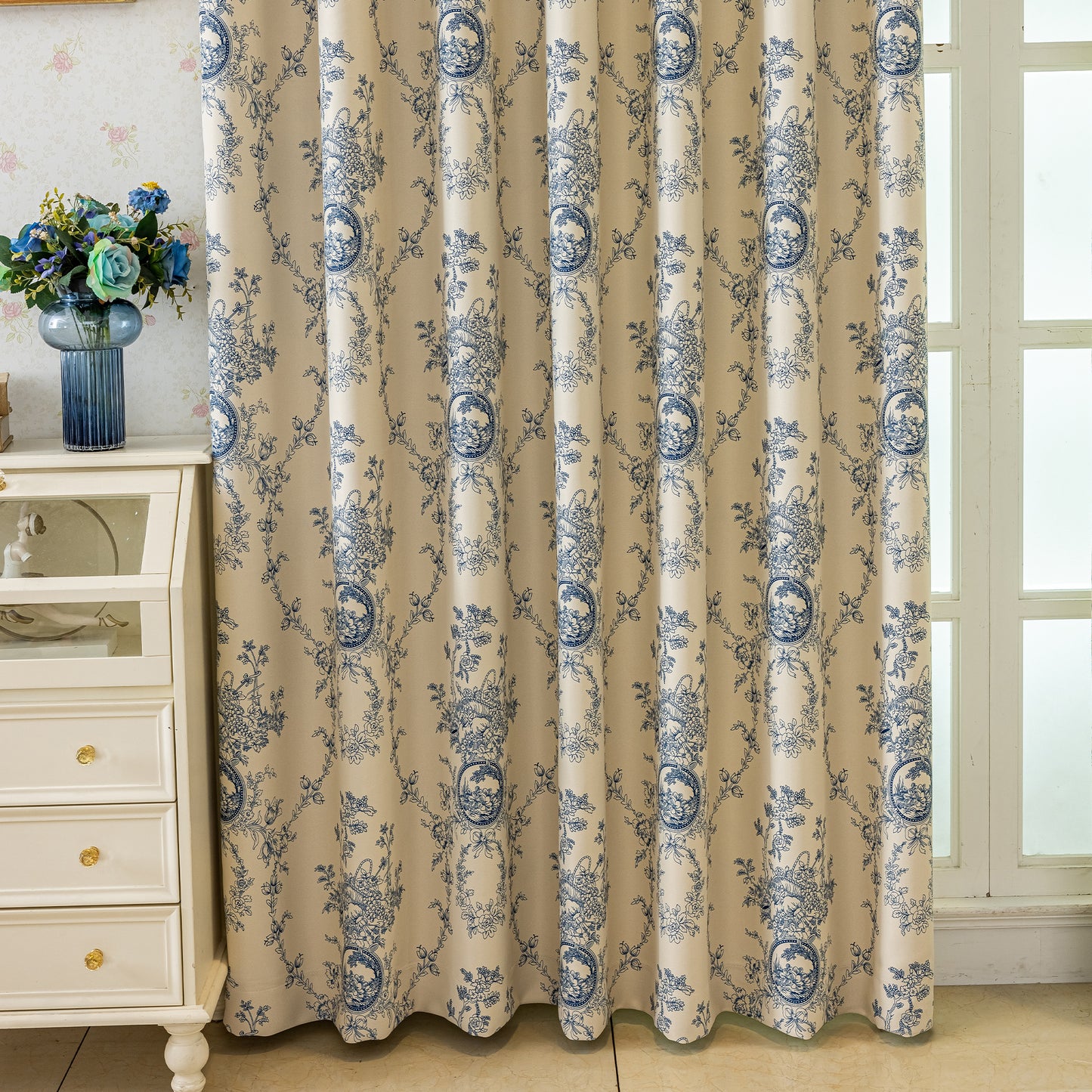 Custom-Made Vintage Floral Toile Room Darkening Curtains