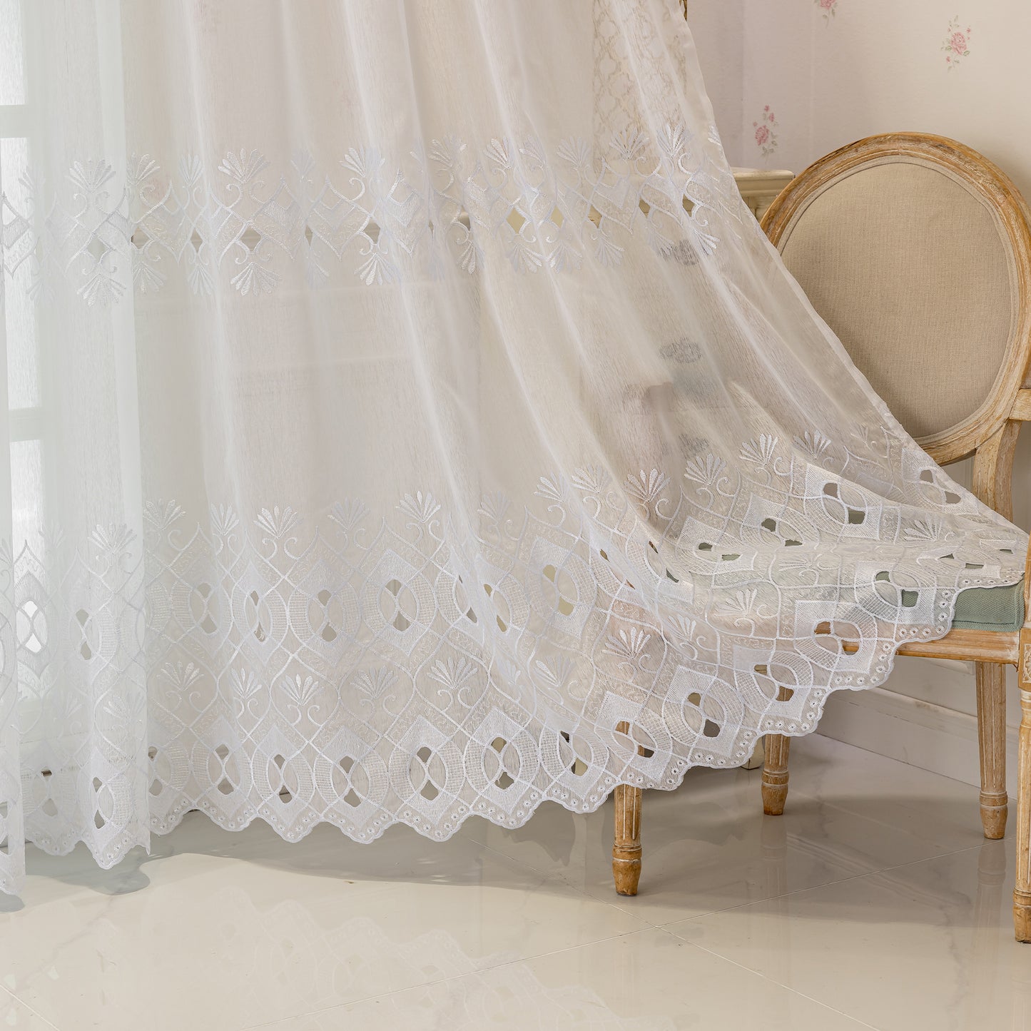 Custom-Made Geometric Embroidered Sheer Curtains