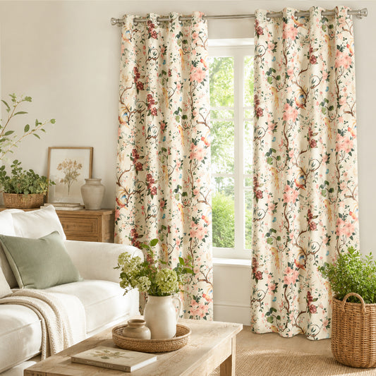 Custom-Made Vintage Floral Bird Print Light Filtering Curtains