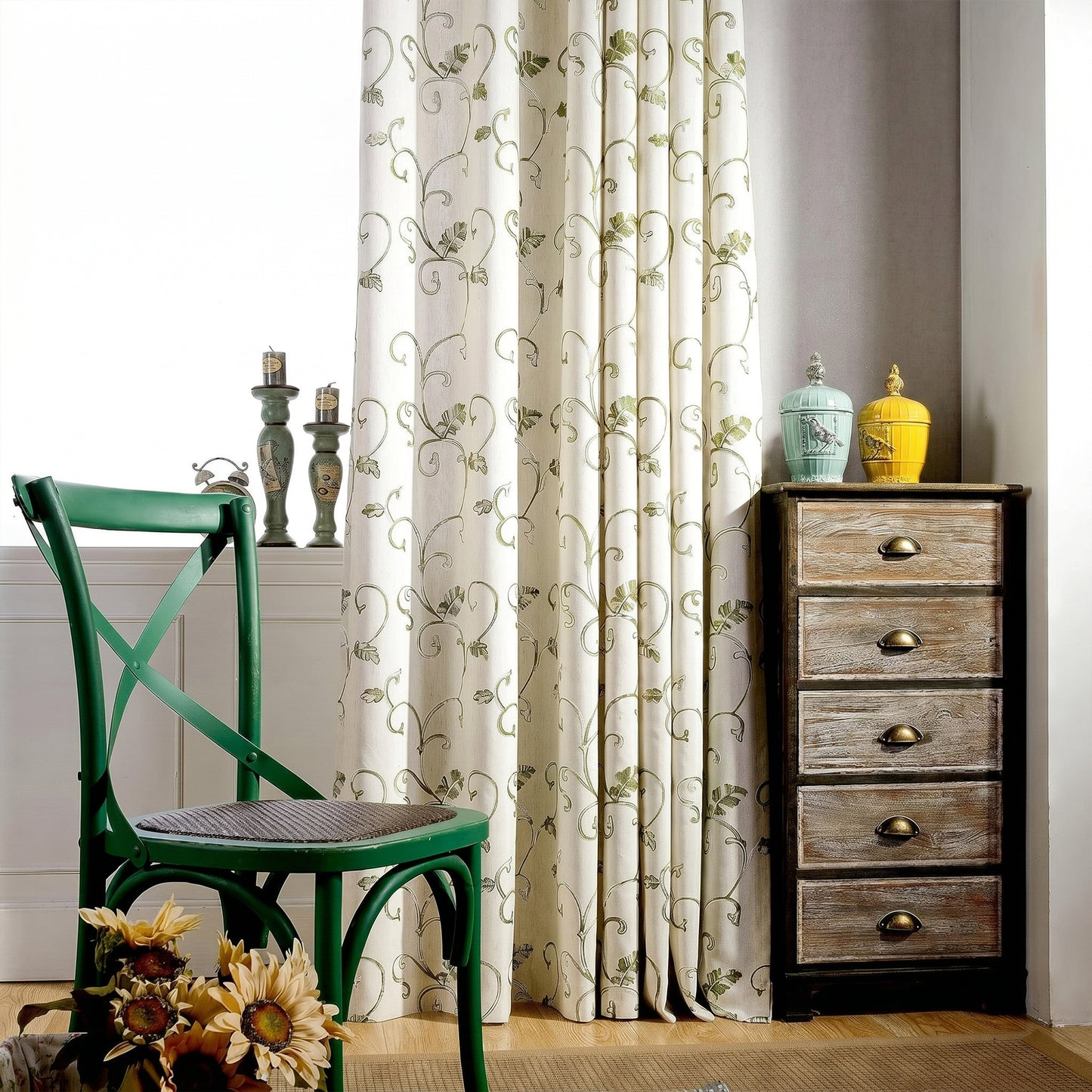 Custom-Made Botanical Vine Embroidered Room Darkening Curtains